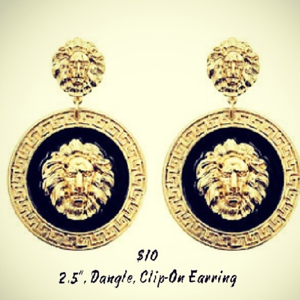 Gold Lion Medallion Dangle Clip-On Earrings - Gold